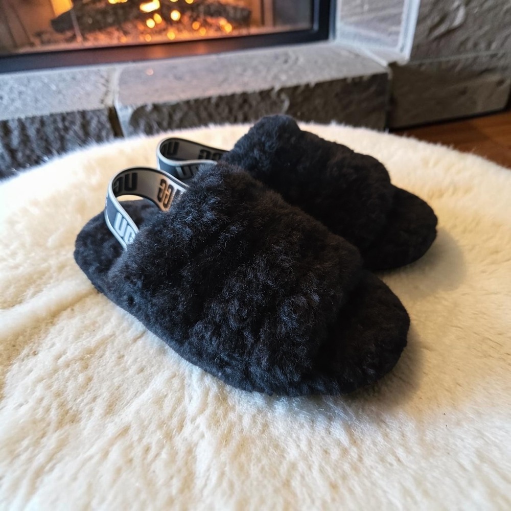 UGG FLUFF YEAH GENUINE SHEARING SLINGBACK SANDALS SLIPPERS BLACK SIZE 7